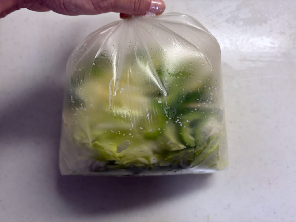 塩もみ中のキャベツとゴーヤを入れたビニール袋に空気を入れて膨らませている様子