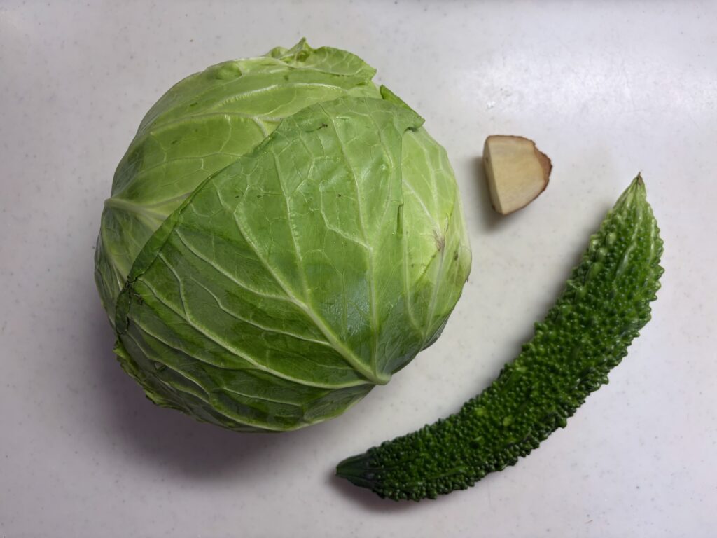 塩キャベツの材料のキャベツ・ゴーヤ・生姜を並べた写真